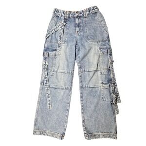 J For Justify Jeans Womens 7 Y2K Cargo Baggy Acid Wash Buckle Strap Wide Leg